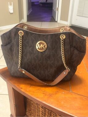 Michael Kors Brown Logo Chain-Handle Tote with Gold Hardware